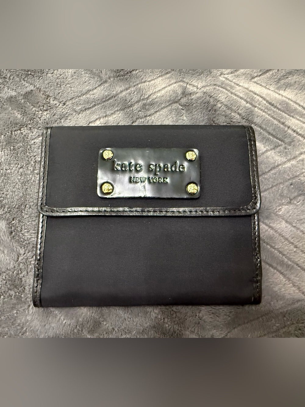 NEW Kate Spade tri-fold black wallet with black & gold tone logo plate